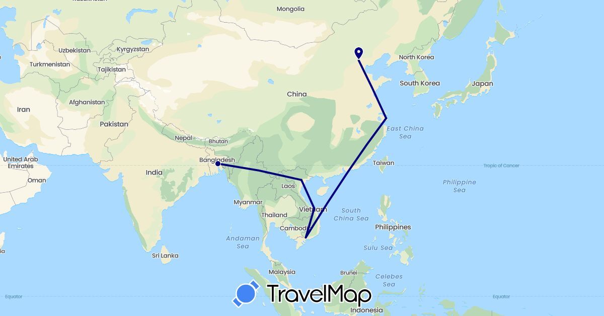 TravelMap itinerary: driving in Bangladesh, China, Vietnam (Asia)
